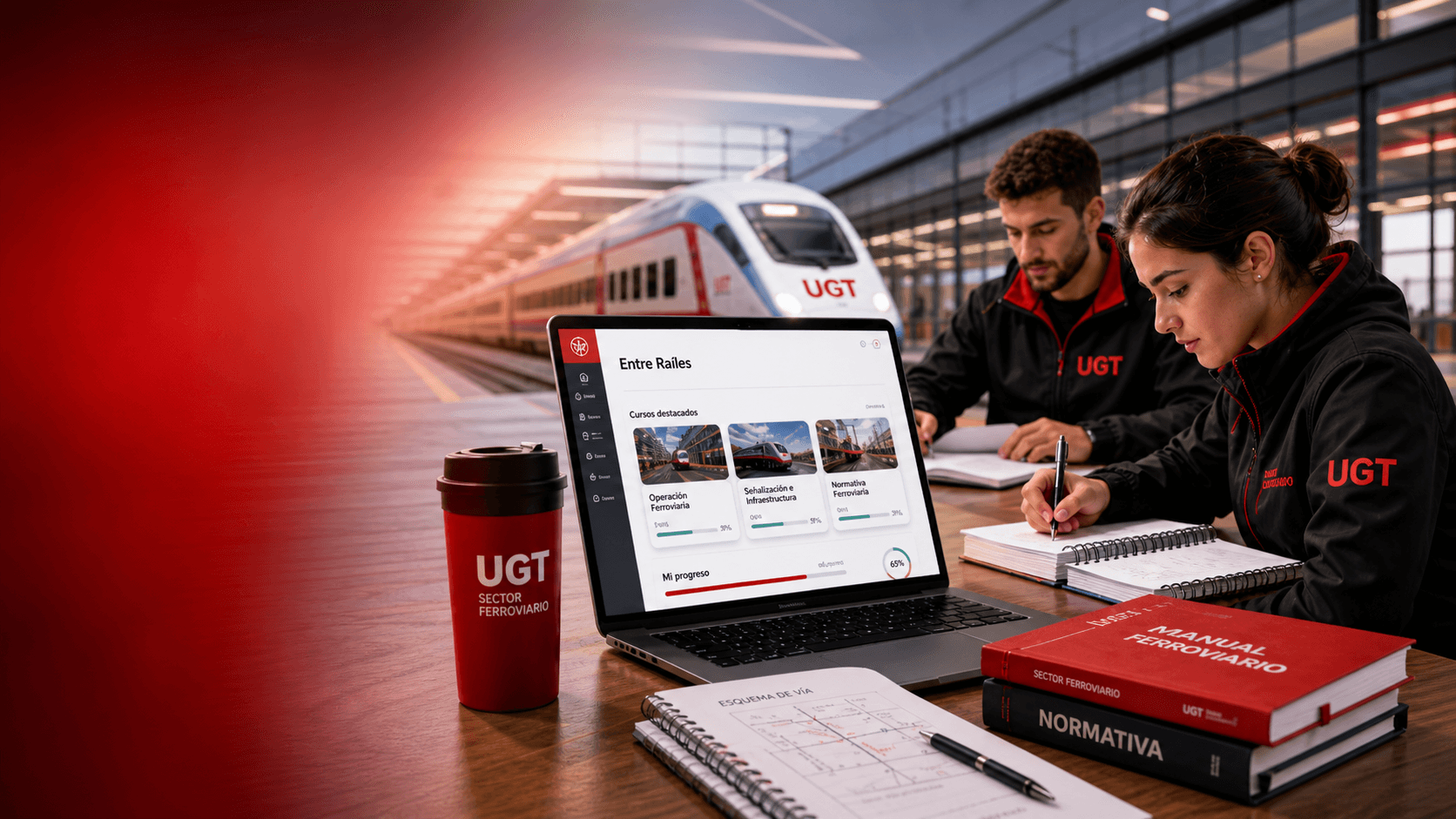Estudiantes de UGT Entre Railes preparando contenidos ferroviarios junto a un tren