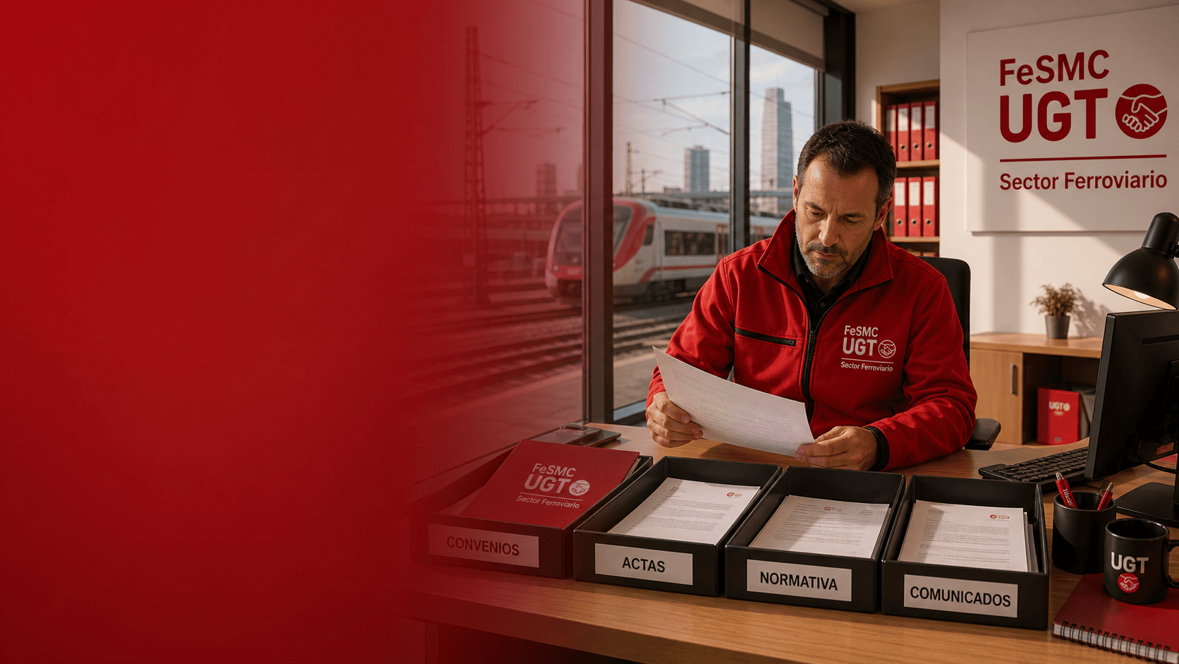 Trabajador de UGT observando un tren al atardecer en una estación