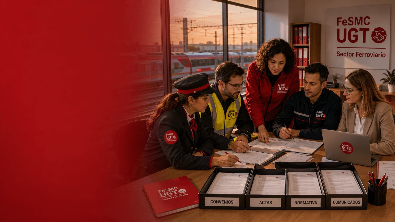 Trabajador de UGT Sector Ferroviario en un andén junto a un tren