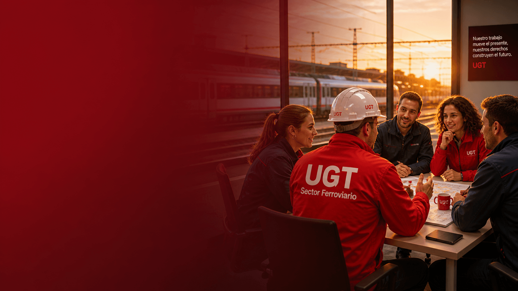 Personas de UGT Sector Ferroviario reunidas en una estación al atardecer